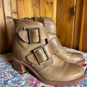 Frye Double Buckle Tan Ankle Boots